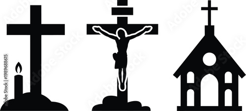 Christian symbols: crucifixion church candle with church building, lit candle