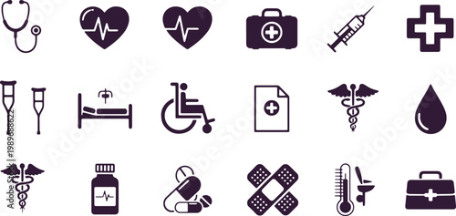 Healthcare icons set with crutches hospital bed wheelchair patient record and caduceus on transparent.