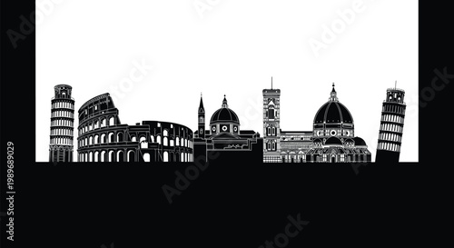 Italy Landmark Skyline Vector Illustration Featuring Colosseum Leaning Tower of Pisa and Florence Cathedral Isolated Black Silhouette for Travel and Tourism