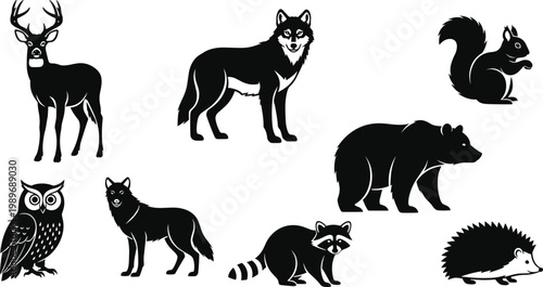 Wild Forest Animals Vector Silhouette Set Including Deer Wolf Bear Owl Raccoon Squirrel and Hedgehog Isolated on White Background for Design
