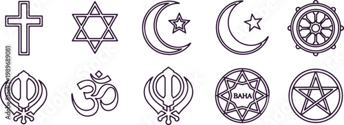 Collection of religious symbols in outline style on transparent background isolated.