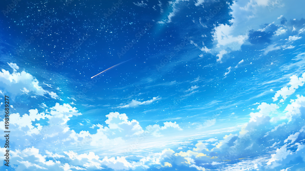 Fototapeta premium 流れ星が流れる星空と青い昼の空が融合する風景