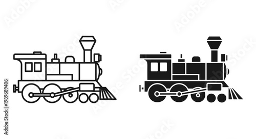 Steam locomotive silhouette set outline and solid styles, white background