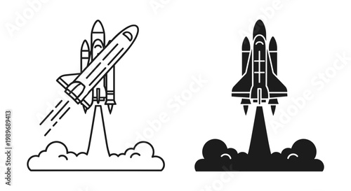 Space shuttle silhouette set outline and solid styles, white background