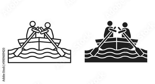 Rowing boat silhouette set outline and solid styles, white background