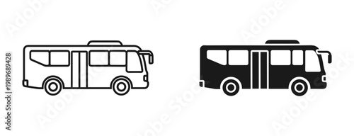 City bus silhouette set outline and solid styles, white background isolated
