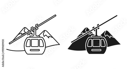 Cable car silhouette set outline and solid styles, mountain gondola lift icons, white background