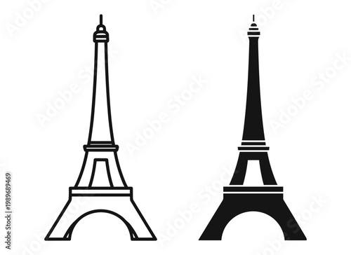 Eiffel Tower silhouette set outline and solid styles, white background