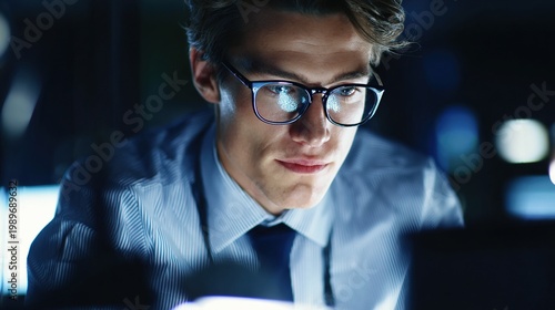 expert. Focused IT specialist in professional attire, abstract tech lighting in blurred background. product launch decks.