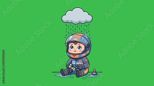 Sad Cartoon Racer Sitting in the Rain Under a Cloud Feeling Down.