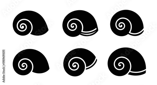 Set of black snail shells, isolated on white background, graphic illustration