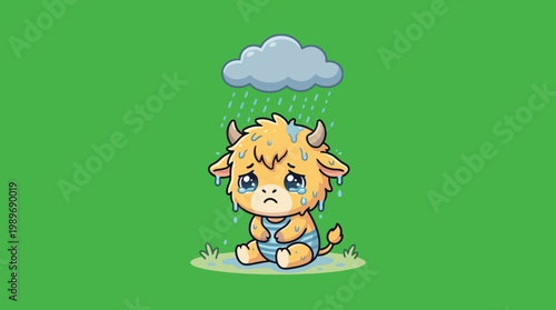 Sad Cartoon Bull Sitting in the Rain Under a Cloud.