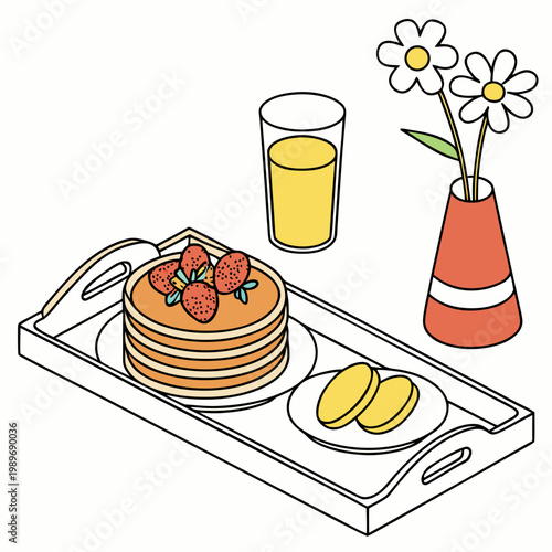A vector graphic illustration of a breakfast tray with pancakes, strawberries, and a glass of juice
