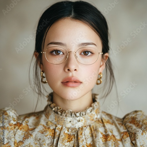 Light academia cinematic headshot of an intelligent woman wearing vintage eyeglasses and a high-collar blouse, conveying a mood of quiet contemplation and nostalgia.