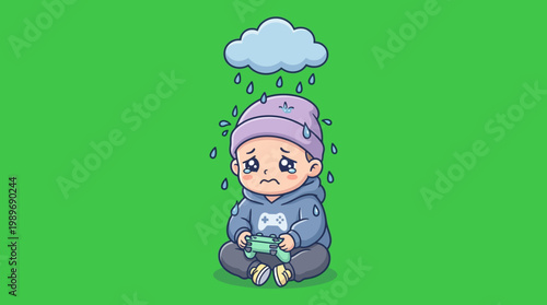 Sad Cartoon Child Sitting Under Rain Cloud with Tears and Controller.