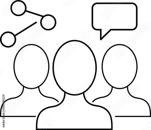 Art & Illustration,Line art illustration of a group of users with a speech bubble and connection nodes. Ideal for team communication, online community, and group chat.