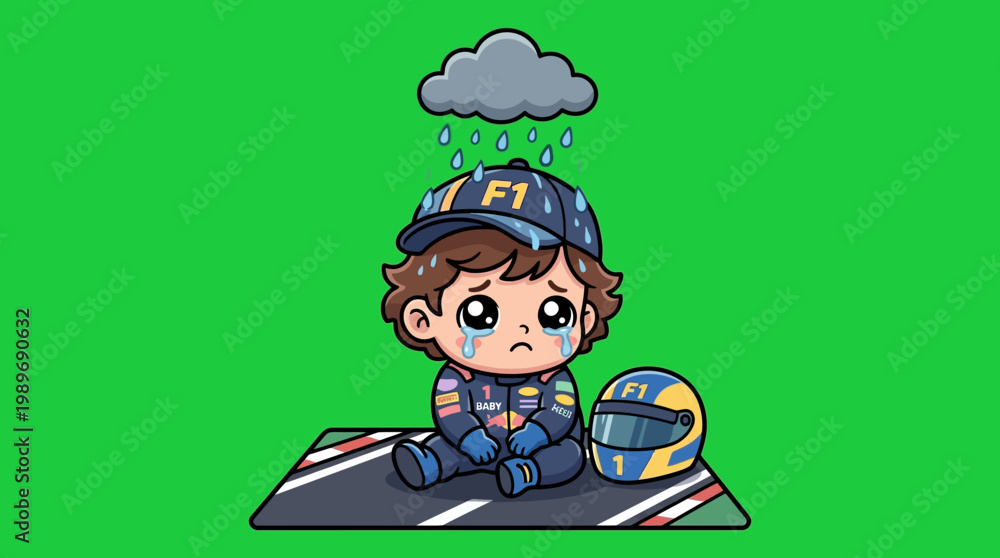 Fototapeta premium Sad Cartoon Formula One Racer Sitting Under a Rain Cloud.