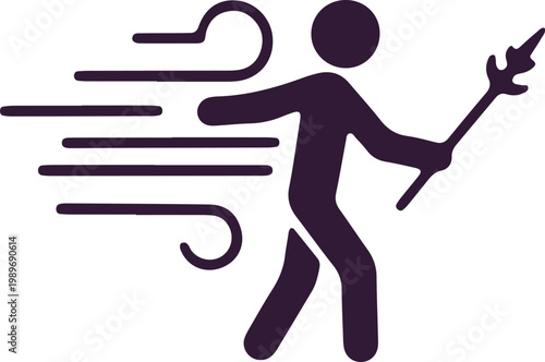 Person walking against strong wind holding spear isolated on checkered background.