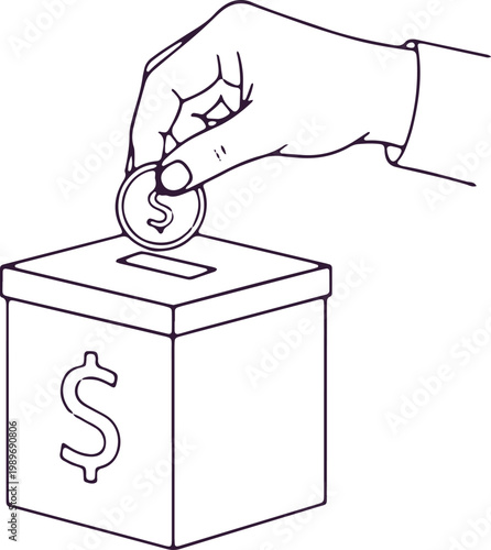 Hand dropping coin into donation box with dollar sign.