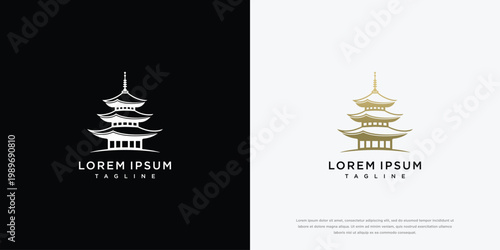 Elegant Pagoda Logo Design on Black and White Backgrounds