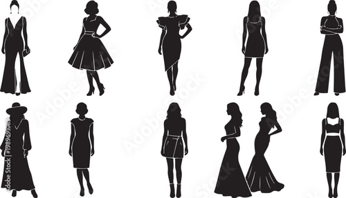 Modern Fashion Woman Silhouette Collection Featuring Evening Gowns Party Dresses Stylish Outfits and Elegant Poses for Adobe Stock Graphic Design Elements