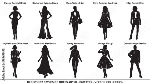 Ten Distinct Modern Fashion Dress Up Silhouette Collection Featuring Cocktail Gown Tailored Suit Rocker Chic and Boho Maxi Styles for Adobe Stock
