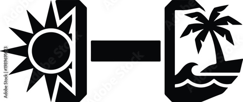Climate Change Impact from Sun to Tropical Island,
Minimal icon showing transition from intense sun to tropical island, representing climate change effects, global warming, and environmental transform