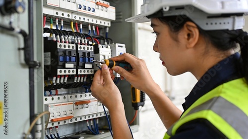 Woman working on electrical panel