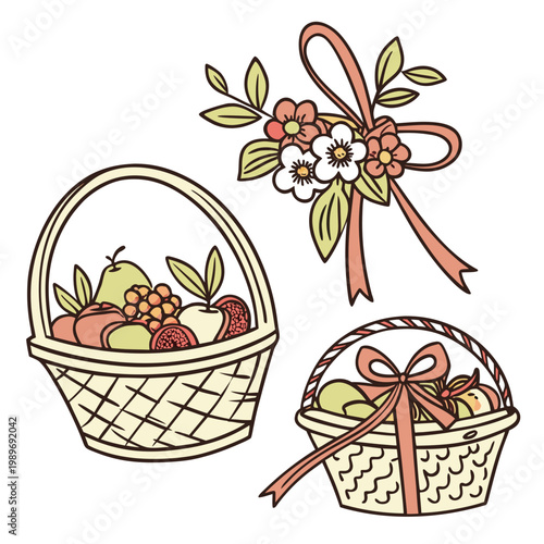 A colorful illustration of three wicker baskets filled with fruit and flowers