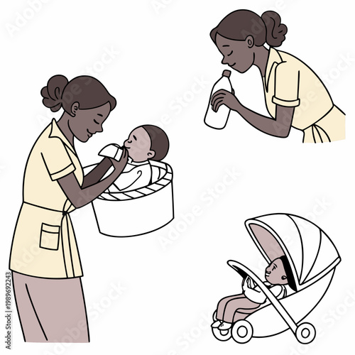 A vector graphic illustration of a woman caring for a baby