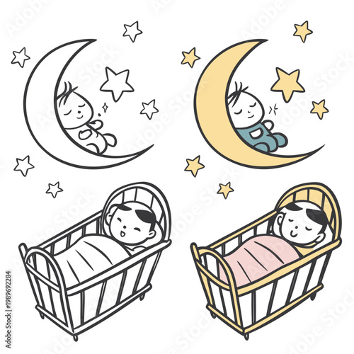 A vector graphic illustration of babies sleeping peacefully in cribs and on the moon
