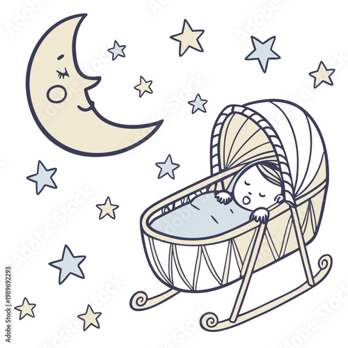 A serene baby sleeps peacefully in a crib under starry night sky