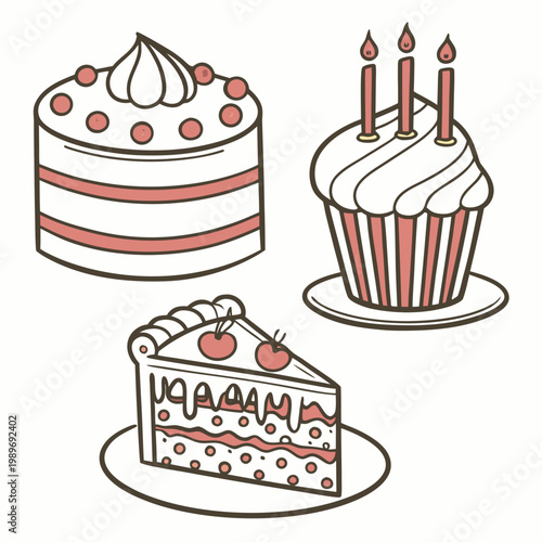 A vector graphic illustration of three desserts, including a cake, cupcake, and slice of cake