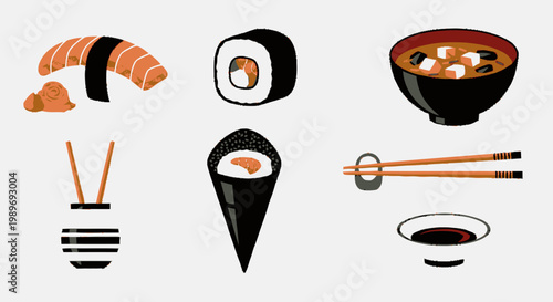 Japanese Cuisine Vector Icon Set with Sushi, Miso Soup, Nigiri, Temaki, and Chopsticks
