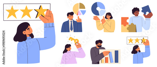 Flat illustration set of customer feedback, rating, and business analytics concepts. People interacting with star ratings, charts, puzzle pieces, and key symbols representing review systems, perform