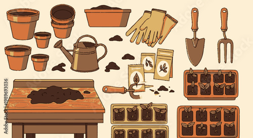 Flat Illustration of Gardening Tools and Equipment Set for Planting and Horticulture