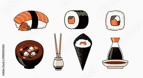 Collection of Japanese Cuisine Icons Including Sushi Nigiri, Maki Rolls, Miso Soup, and Soy Sauce