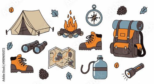 Set of outdoor camping and hiking equipment icons including tent, backpack, campfire, and hiking boots