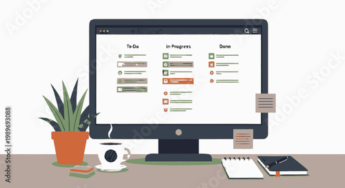 Project Management Kanban Board on Computer Screen in Modern Workspace with Coffee and Stationery Illustration