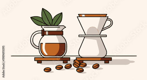 Flat Vector Illustration of Manual Coffee Brewing Equipment with Pour Over Dripper, Glass Carafes, and Roasted Coffee Beans