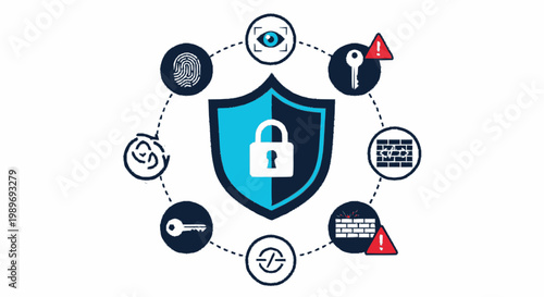 Cybersecurity and Data Protection Illustration Concept with Shield, Padlock, and Network Security Icons