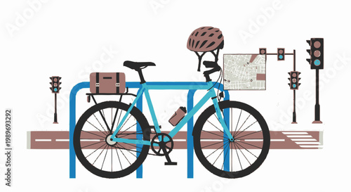 Flat Vector Illustration of a Bicycle Parked at a Bike Rack in an Urban City Street with Map and Helmet
