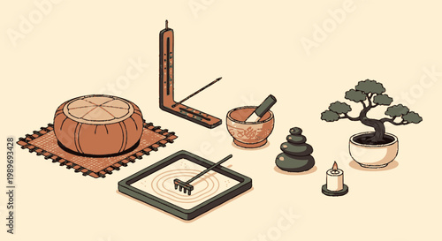 Isometric illustration of meditation and mindfulness objects including a zafu cushion, bonsai tree, incense burner, singing bowl, and zen sand garden for relaxation and mental wellness.