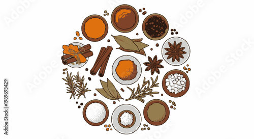 Circular arrangement of various aromatic cooking spices and herbs in bowls and piles, flat lay illustration on white background