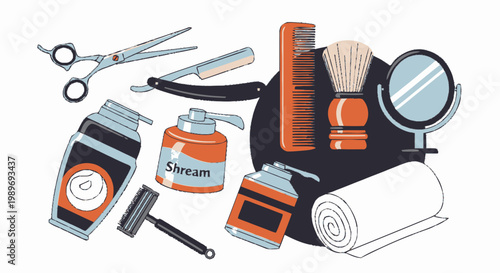Barbershop Tools and Men's Grooming Accessories Vector Illustration Set with Scissors, Razors, and Shaving Brush
