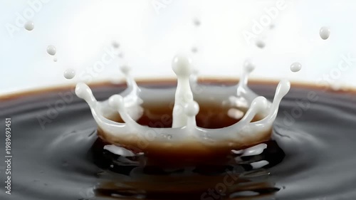 Slow motion milk drop impacting dark coffee liquid creating crown splash and surface ripples