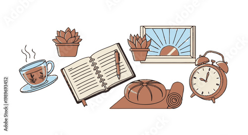 Vector Illustration of a Wellness Morning Routine featuring Yoga Mat, Meditation Cushion, Journal, and Tea for Mindfulness