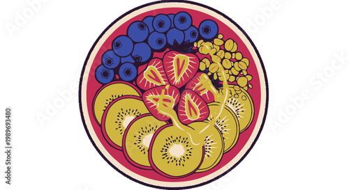 Healthy smoothie bowl illustration with blueberries, strawberries, kiwi, granola and honey drizzle