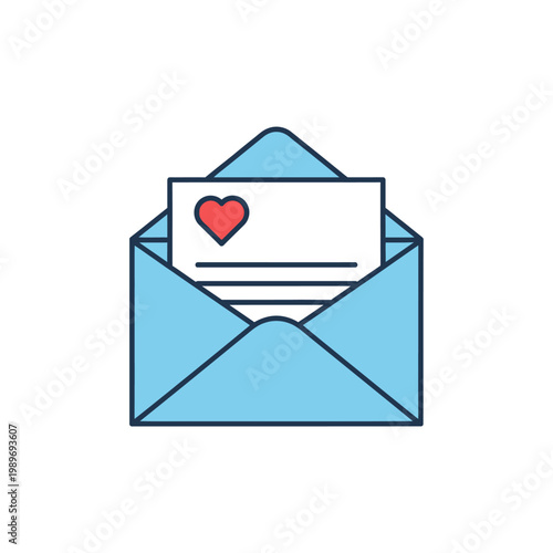 Blue Open Envelope with Love Letter and Red Heart Icon