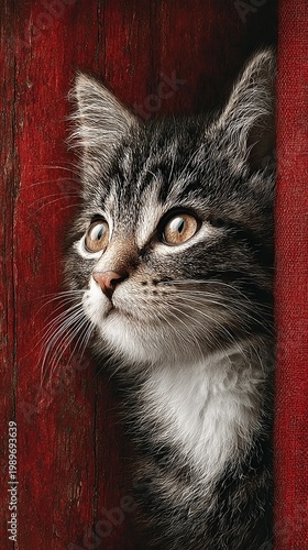 Vertical Rustic painterly style illustration of a young tabby kitten with innocent amber eyes peeking from behind a textured red barn door, a heartwarming animal portrait for storytelling.